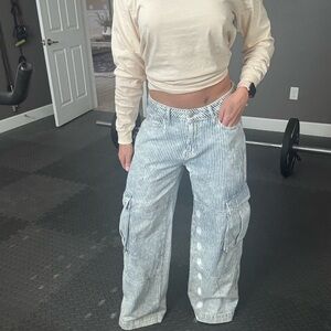 Blue Striped Women Jeans, wide leg with cargo pockets